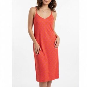 Top it off Orange Pink Geometric Print Spaghetti Strap V Neck Midi Dress Size L